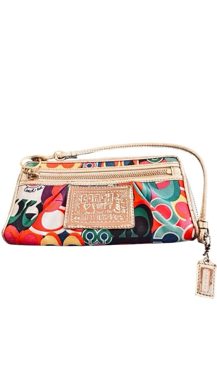 Coach Poppy Pop C Glam Graffiti Logo Multicolor Gold Trim Large Wallet Rare